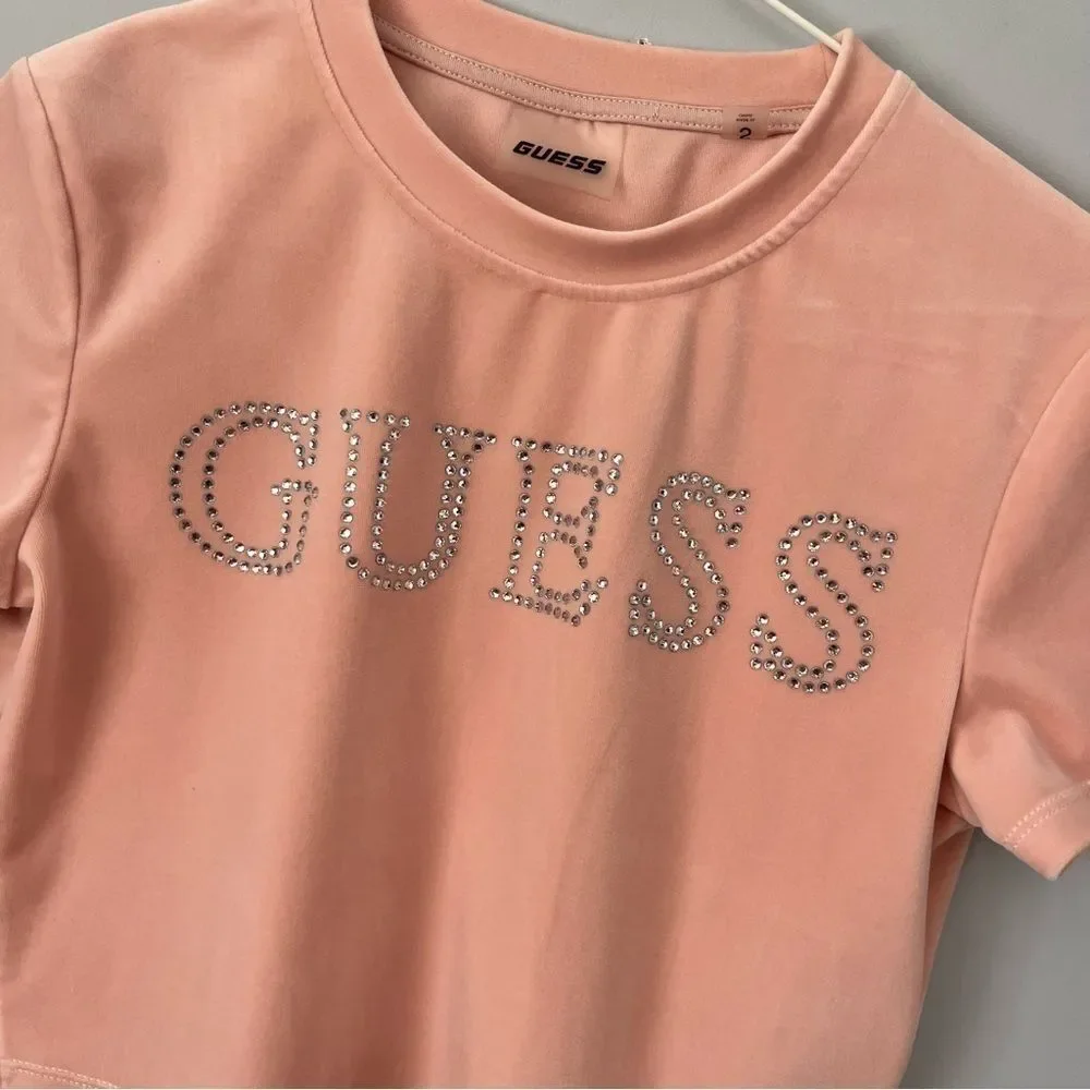 Guess Rhinestone Front Logo Powder Pink Velour Cropped Short Sleeve Shirt Size S